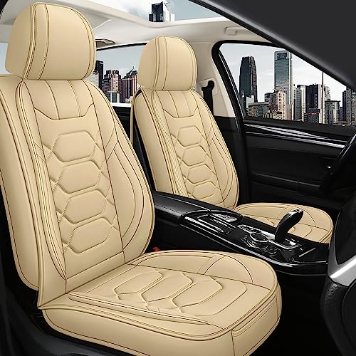 Pariitadin Leather Car Seat Covers Full Set, Waterproof Breathable Faux Leather Automotive Seat Covers for Cars, Non-Slip Car Interior Covers Universal Fit Most Cars Sedans Trucks SUVs, Beige - Image 1