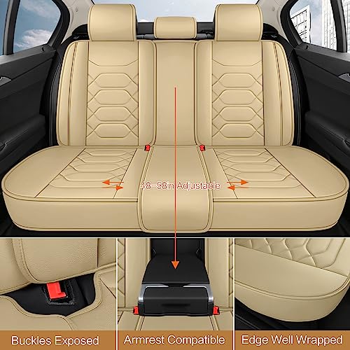 Pariitadin Leather Car Seat Covers Full Set, Waterproof Breathable Faux Leather Automotive Seat Covers for Cars, Non-Slip Car Interior Covers Universal Fit Most Cars Sedans Trucks SUVs, Beige - Image 3