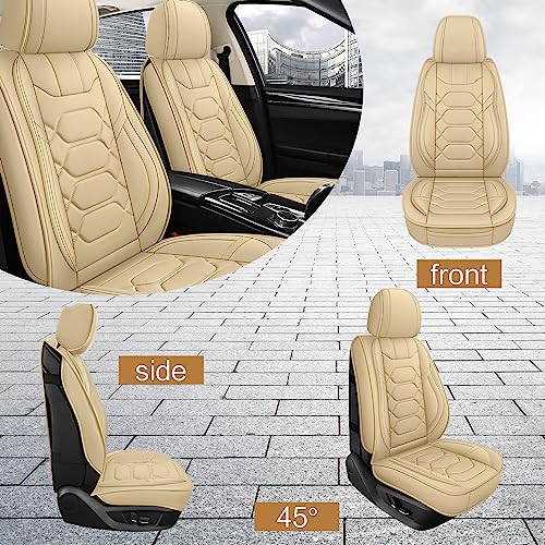 Pariitadin Leather Car Seat Covers Full Set, Waterproof Breathable Faux Leather Automotive Seat Covers for Cars, Non-Slip Car Interior Covers Universal Fit Most Cars Sedans Trucks SUVs, Beige - Image 4
