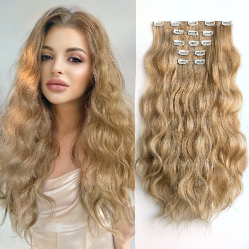 إضافات شعر مشبك شقراء مموجة بطول 18" صناعية رقيقة وغير متشابكة لقطع الشعر للنساء 5 قطع للشعر المجعد الطبيعي لحفلات الزفاف والحفلات والاستخدام اليومي كامل الرأس 5 أوقيات