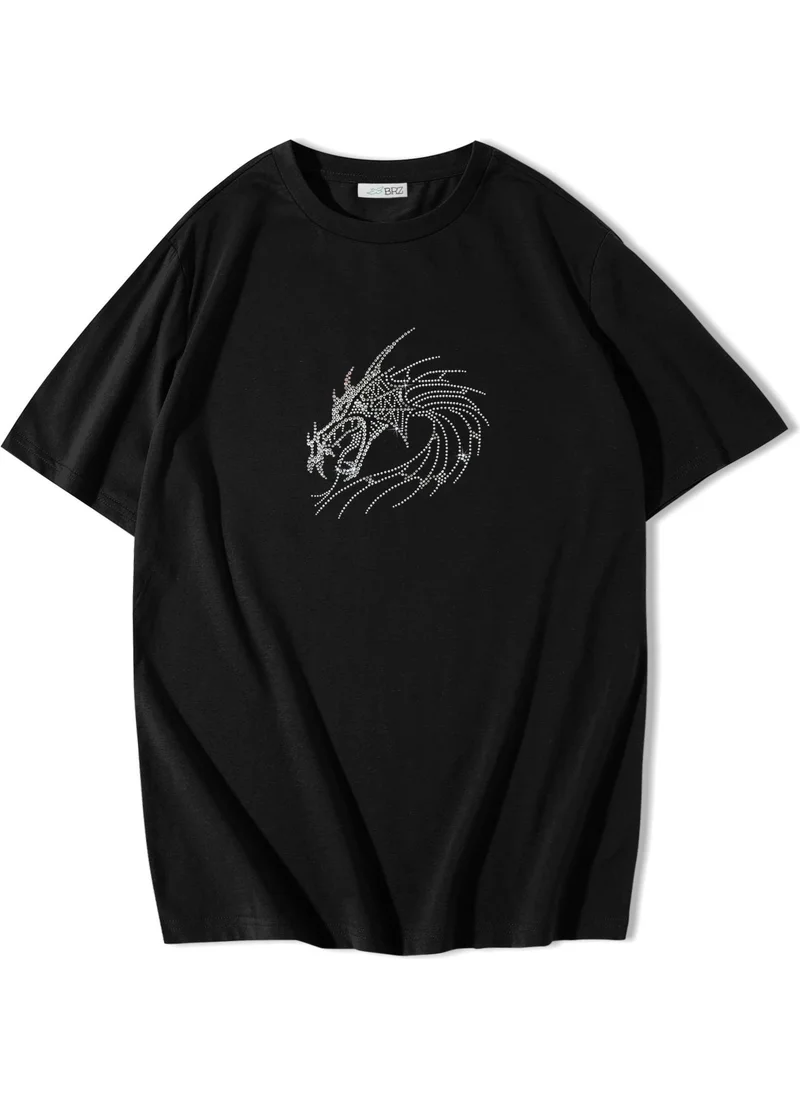 BRZ Collection Oversize Dragon Crystal Stone Printed T-Shirt