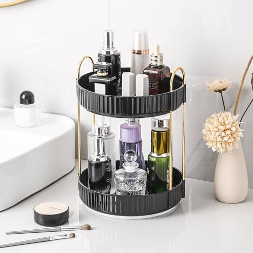 Aveniee 360 Rotating Makeup Organizer for Vanity, Skincare Perfume Organizers, 2 Tiered Bathroom Countertop Storage, Black Cosmetics Lipstick Skin Care Holder for Dresser - Image 1
