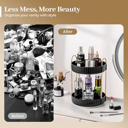 Aveniee 360 Rotating Makeup Organizer for Vanity, Skincare Perfume Organizers, 2 Tiered Bathroom Countertop Storage, Black Cosmetics Lipstick Skin Care Holder for Dresser - Image 3