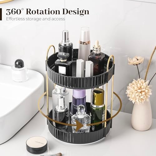 Aveniee 360 Rotating Makeup Organizer for Vanity, Skincare Perfume Organizers, 2 Tiered Bathroom Countertop Storage, Black Cosmetics Lipstick Skin Care Holder for Dresser - Image 2