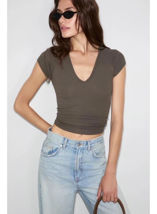 Grimelange PIRME Women's Soft and Stretch Fabric Organic Cotton V-Neck Khaki T-Shirt.