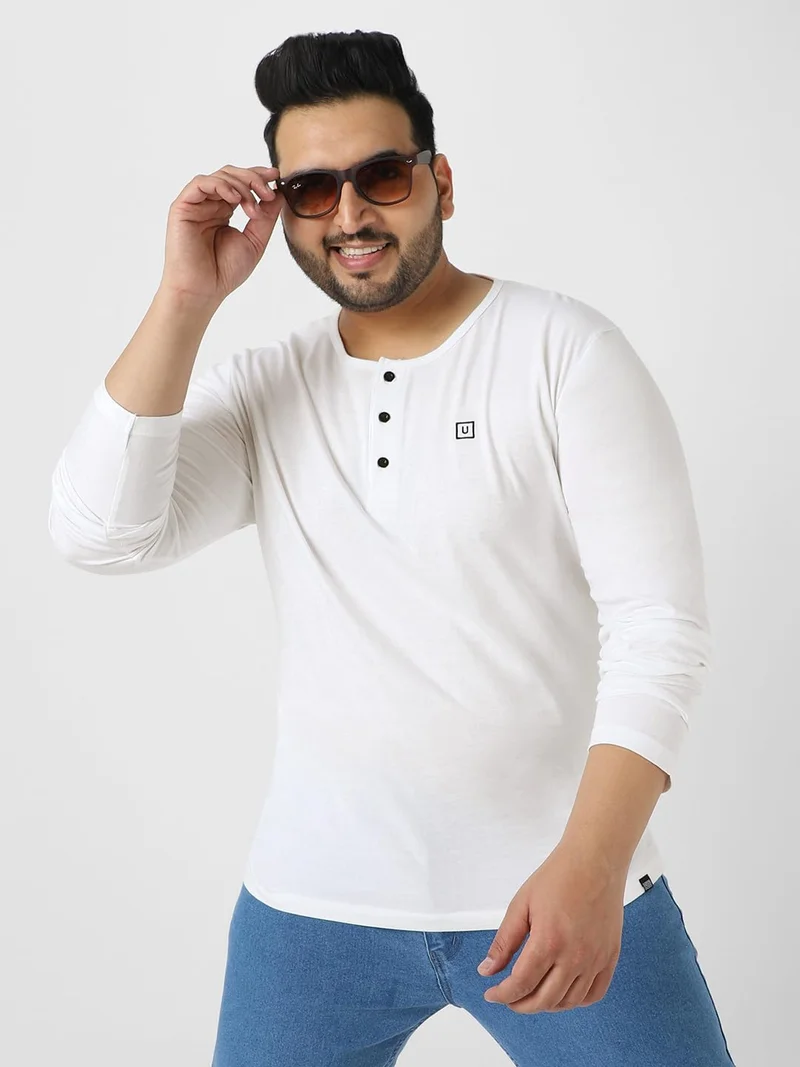 Urbano Plus Men's White Solid Henley Neck Regular Fit Full Sleeve Cotton T-Shirt