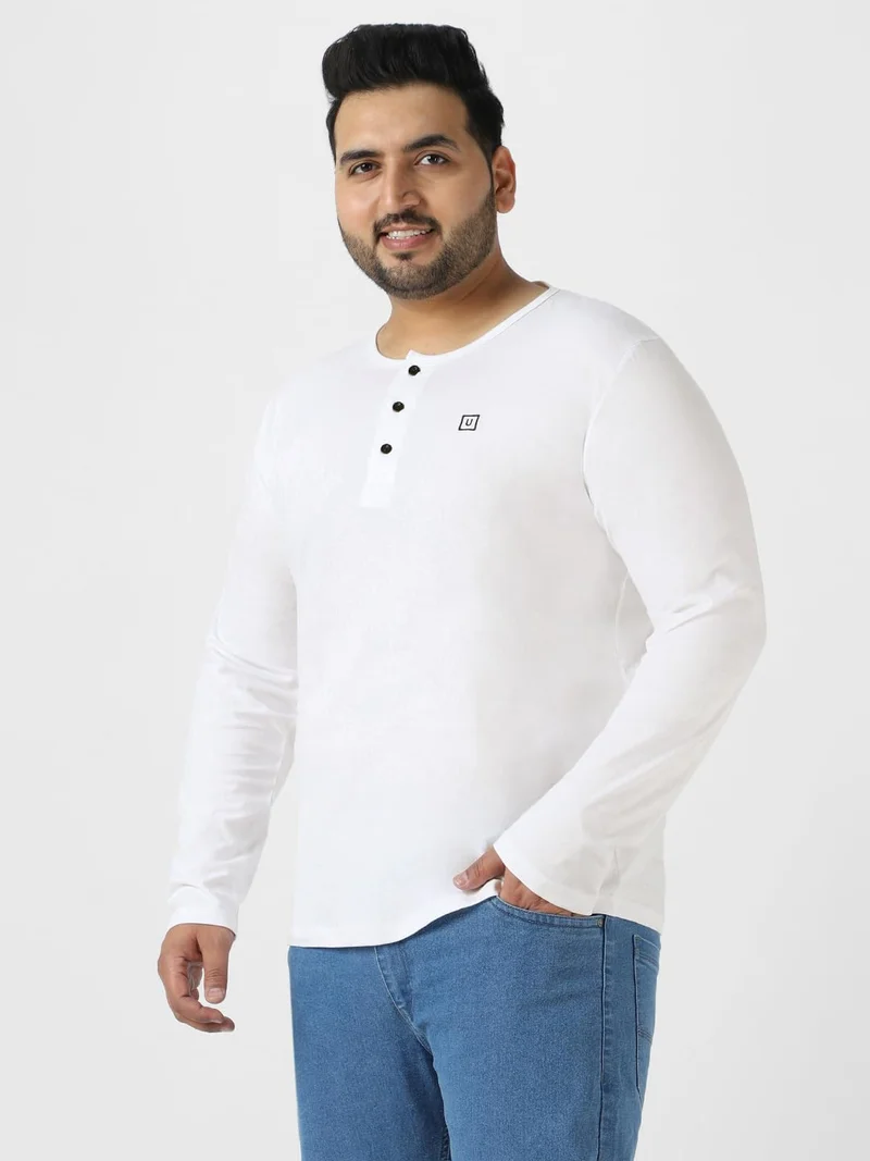 Urbano Fashion  Urbano Plus Men's White Solid Henley Neck Regular Fit Full Sleeve Cotton T-Shirt  | Best Price UAE