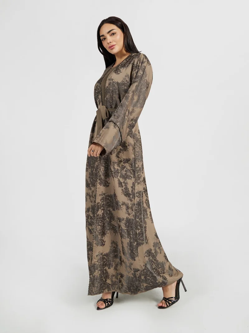 Reem Abayas Taupe Floral Shadow Print Abaya with Pleated Inner