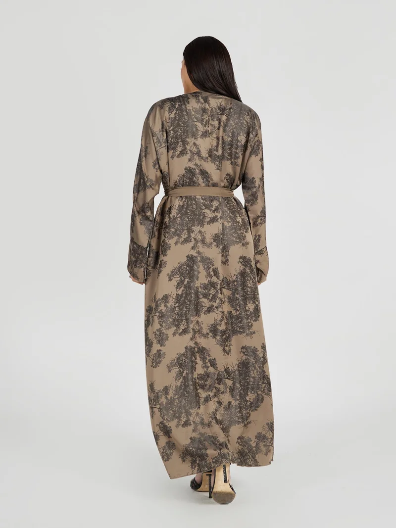 Reem Abayas  Taupe Floral Shadow Print Abaya with Pleated Inner for Women | Best Price UAE