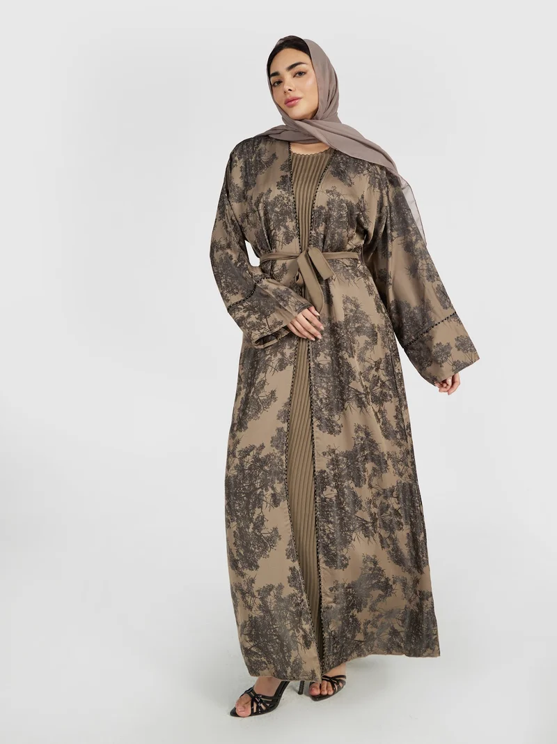 Reem Abayas Taupe Floral Shadow Print Abaya with Pleated Inner