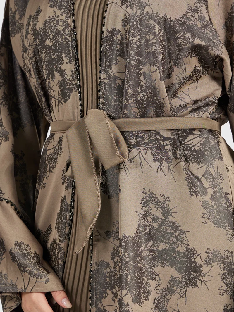 Reem Abayas  Taupe Floral Shadow Print Abaya with Pleated Inner for Women | Best Price UAE