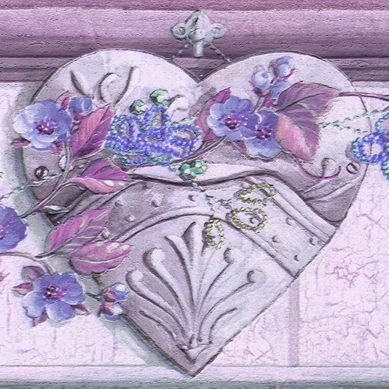 Dundee Deco Wallpaper Border Peel and Stick DDAZBD9477 Floral Purple Violet Flowers Hearts Wall Border Retro Design 15 ft x 7 in 457m x 1778cm Self Adhesive - Image 2