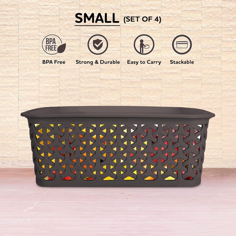 BEL CASA Royal Basket With lidsSmall Pack of 4 with 4 lids Multipurpose Plastic Storage Rectangular Shape Baskets For WardrobeHomeKitchenDark Brown - Image 3