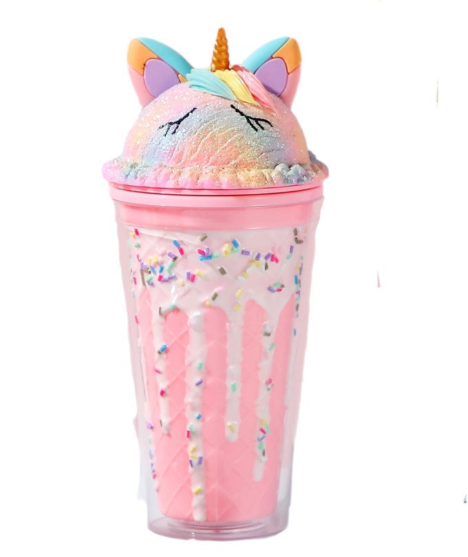 UNICORN TRAVEL TUMBLER WITH STRAW ICE DRINKING CUP FREEZER FROSTY MUG LID STRAP HOLDER CUP FOR PICNIC PARTY BIRTHDAY CHOCOLATE UNICORN PINK 450 ML