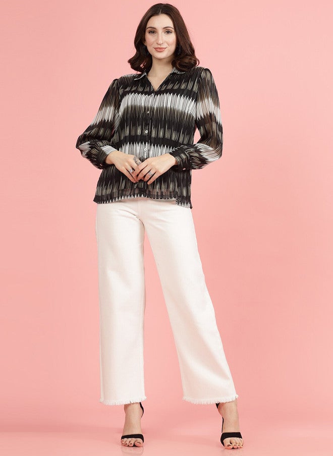 PlusS Black Semi Sheer Printed Casual Shirt for Women - Image 5