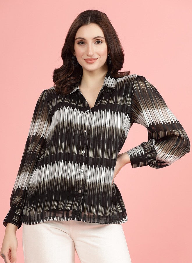PlusS Black Semi Sheer Printed Casual Shirt for Women - Image 1