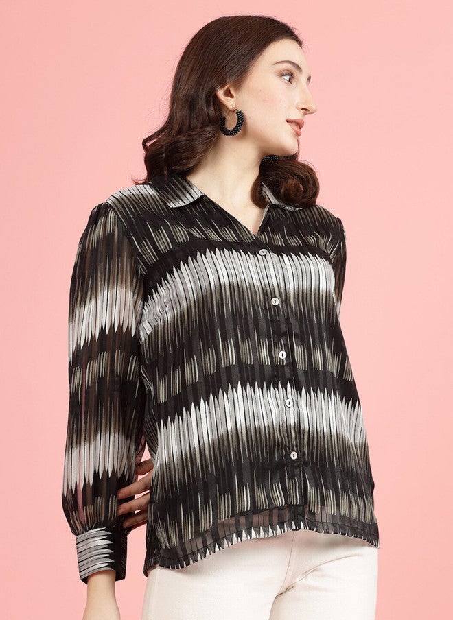 PlusS Black Semi Sheer Printed Casual Shirt for Women - Image 3