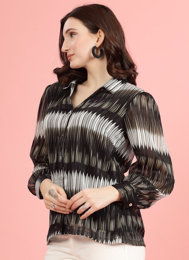 PlusS Black Semi Sheer Printed Casual Shirt for Women - Image 4