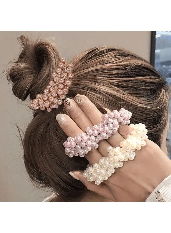 3 حزمة من أربطة الشعر المطاطية اللؤلؤية بتصميم زهري، أربطة شعر لؤلؤية مقلدة للنساء - Image 1