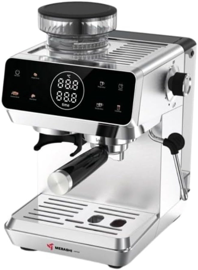 Mebashi Commercial Coffee Machine with Built-in Grinder, 1.8L Water Tank, Touch Screen Espresso Maker, 1500W Thermoblock Heating, Milk Frother, Stainless Steel, ME-CCM2075