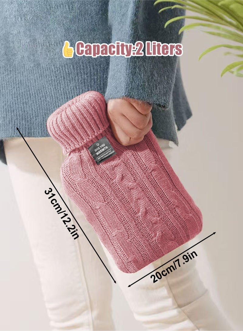 هومار كيت زجاجة ماء ساخن مع غطاء محبوك، كيس ماء ساخن سعة 2 لتر للكمادات الساخنة والباردة، تدفئة اليدين والقدمين، مثالية لتقلصات الدورة الشهرية وتخفيف آلام الرقبة والكتف، لون وردي - Image 2