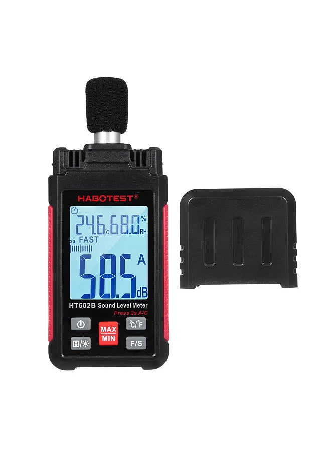 هابوتيست HT602B ديسيبل متر مستوى الصوت الرقمي متر SPL متر المحمولة 30-130dB مقياس الضوضاء مع قياس درجة الحرارة والرطوبة الحد الأقصى / دقيقة البيانات عقد شاشة LCD الخلفية السيارات اغلاق  - Image 1