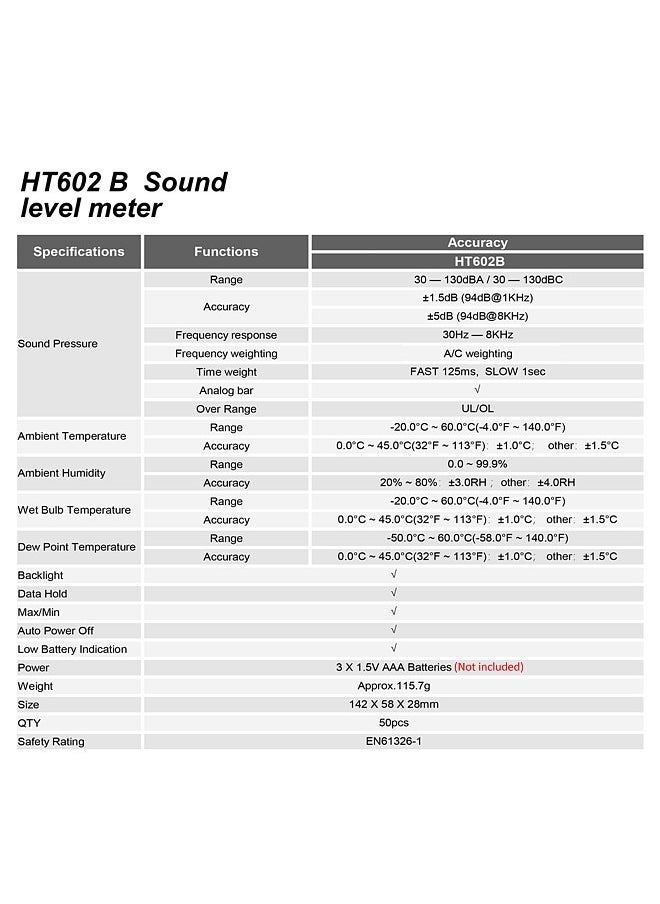 HT602B ديسيبل متر مستوى الصوت الرقمي متر SPL متر المحمولة 30-130dB مقياس الضوضاء مع قياس درجة الحرارة والرطوبة الحد الأقصى / دقيقة البيانات عقد شاشة LCD الخلفية السيارات اغلاق
