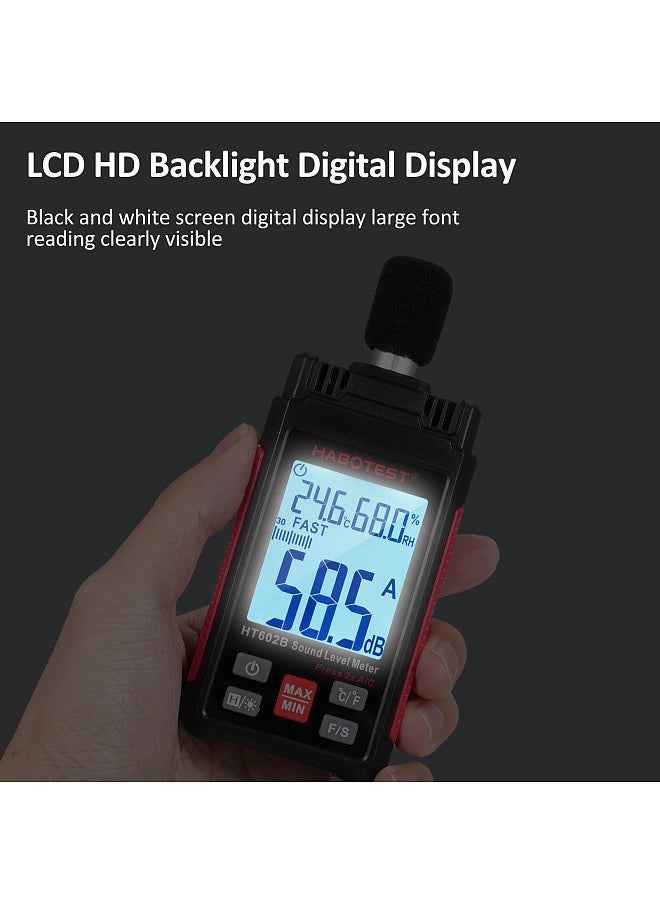 هابوتيست HT602B ديسيبل متر مستوى الصوت الرقمي متر SPL متر المحمولة 30-130dB مقياس الضوضاء مع قياس درجة الحرارة والرطوبة الحد الأقصى / دقيقة البيانات عقد شاشة LCD الخلفية السيارات اغلاق  - Image 3