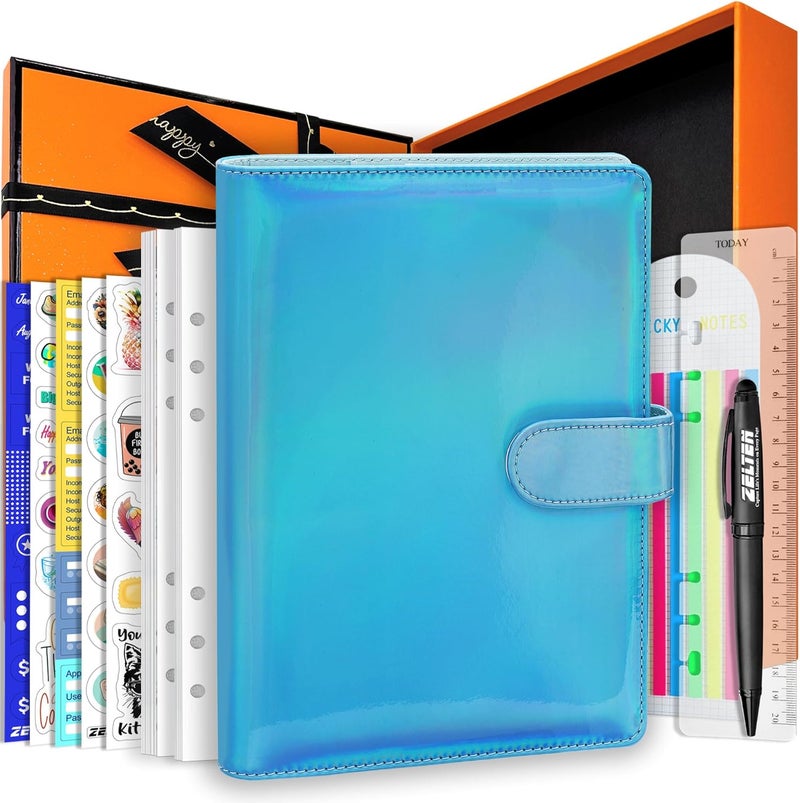Zelten PU Leather Personal Notebook Planner with 80 Pages Loose-Leaf Papers 6 Holes Ring Binder Pen Holder Magnetic Buckle (Holographic Cyan, A5 Gift Box) - Image 1
