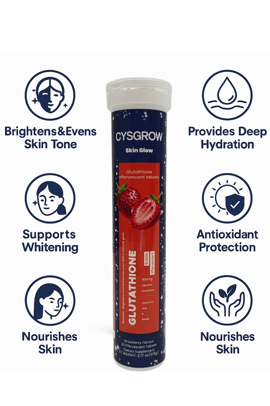 CYSGROW CYSGROW Skin Glow – Glutathione Effervescent Tablets with Vitamin C, Hyaluronic Acid & Plant Extracts – 20 Tablets – Strawberry Flavor | Best Price Qatar