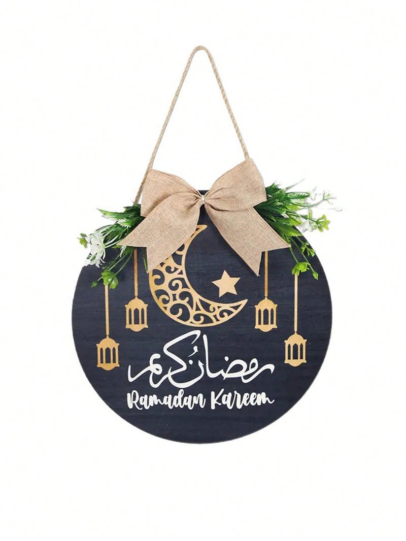زينه رمضان لوحة خشبية معلقة بتصميم دائري مع هلال وفوانيس وعبارة رمضان كريم – زينه رمضان للمنازل و الحفلات - Image 2