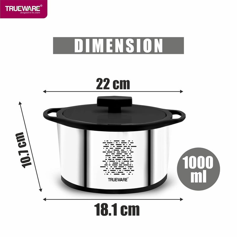 Trueware Trueware Stellar Steel Casserole 1000 ml PU Insulated BPA Free Odour Proof Food Grade Easy to Carry Easy to Store Ideal for Chapatti Roti Curd Maker Thermoware Hot Pot Silver  - Image 2