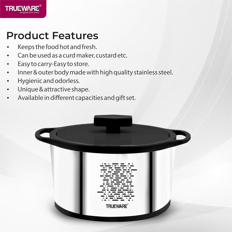 Trueware Trueware Stellar Steel Casserole 1000 ml PU Insulated BPA Free Odour Proof Food Grade Easy to Carry Easy to Store Ideal for Chapatti Roti Curd Maker Thermoware Hot Pot Silver  - Image 3
