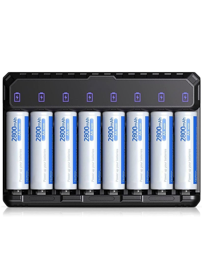 Arabest AA Rechargeable Batteries Charger, 8-Bay Pro AA AAA Battery Charger with Type-C Fast Charging, Independent Slot  - Image 1