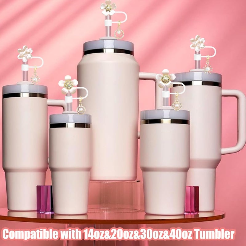 Cussom 10mm Straw Toppers Set, White Pearl Flower Straw Covers Cap with Clip-on Bling Charms for 30oz 40 0z Stanley Tumblers, Cute and Shiny Modern Simple Tips Stanley Accessories - Image 4