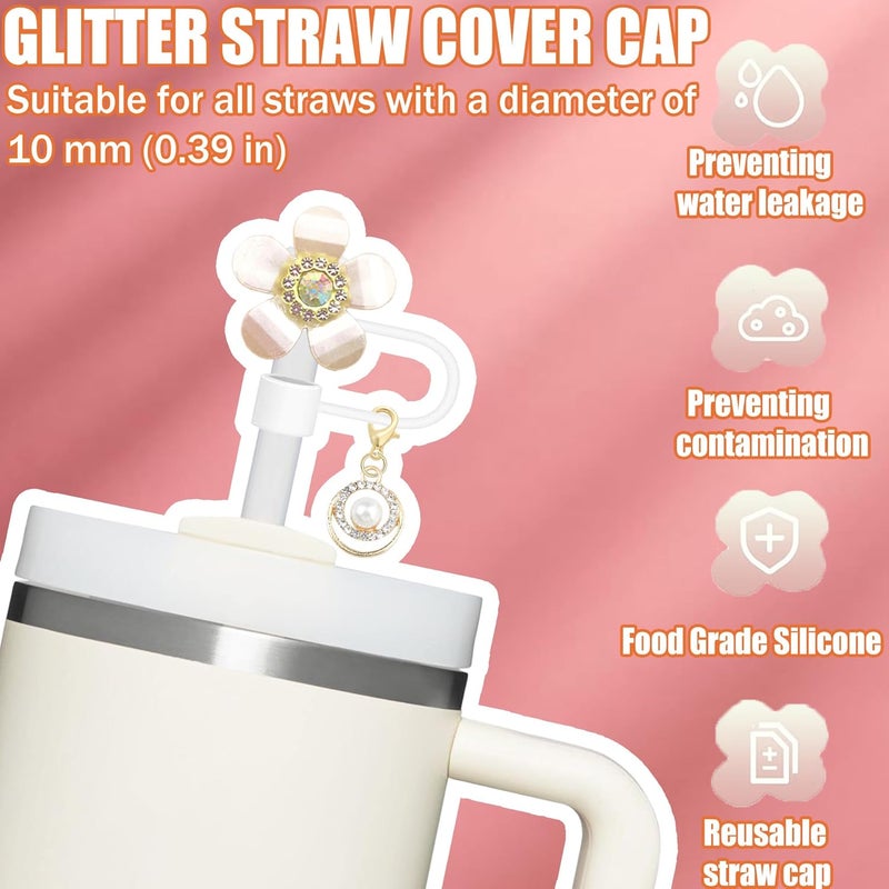 Cussom 10mm Straw Toppers Set, White Pearl Flower Straw Covers Cap with Clip-on Bling Charms for 30oz 40 0z Stanley Tumblers, Cute and Shiny Modern Simple Tips Stanley Accessories - Image 3