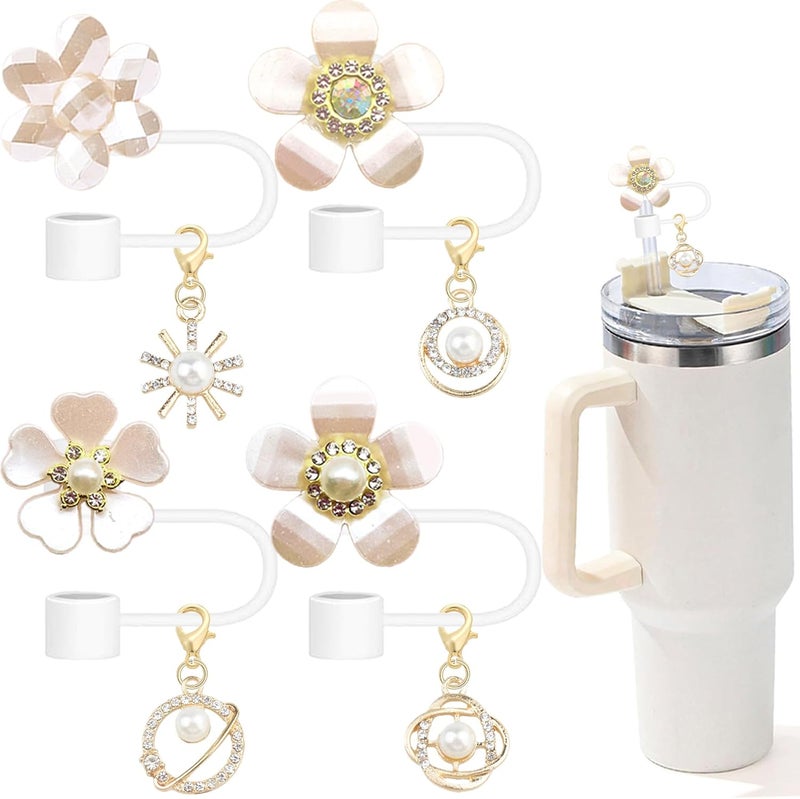 Cussom 10mm Straw Toppers Set, White Pearl Flower Straw Covers Cap with Clip-on Bling Charms for 30oz 40 0z Stanley Tumblers, Cute and Shiny Modern Simple Tips Stanley Accessories - Image 1