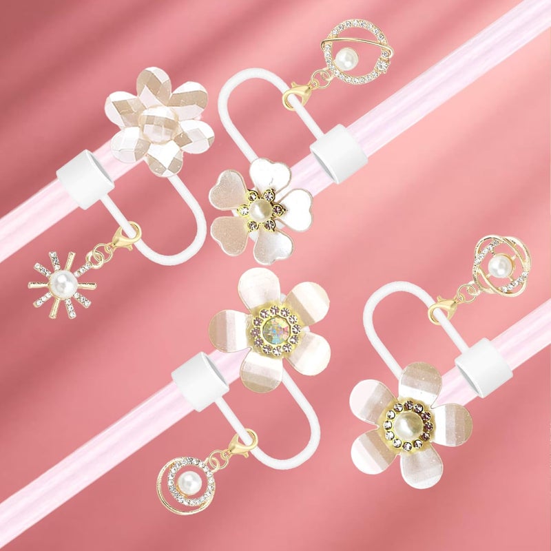 Cussom 10mm Straw Toppers Set, White Pearl Flower Straw Covers Cap with Clip-on Bling Charms for 30oz 40 0z Stanley Tumblers, Cute and Shiny Modern Simple Tips Stanley Accessories - Image 2