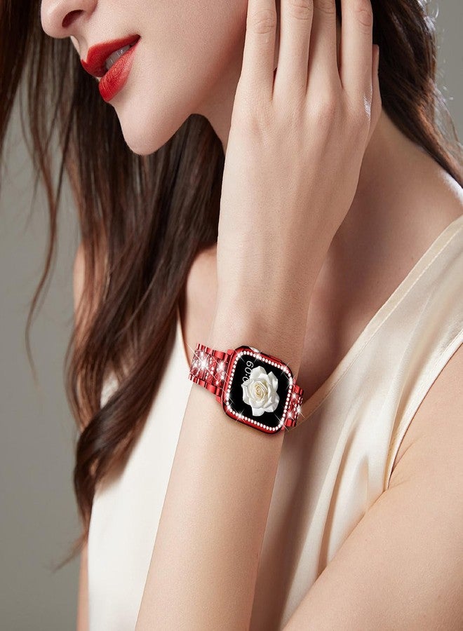 Mosonio Compatible with Apple Watch Band 46mm S11/S10 with Case Women, Jewelry Replacement Metal Wristband with 2 Pack Bling PC Protective Cover for iWatch Series 11/10(46mm,Red) - Image 2