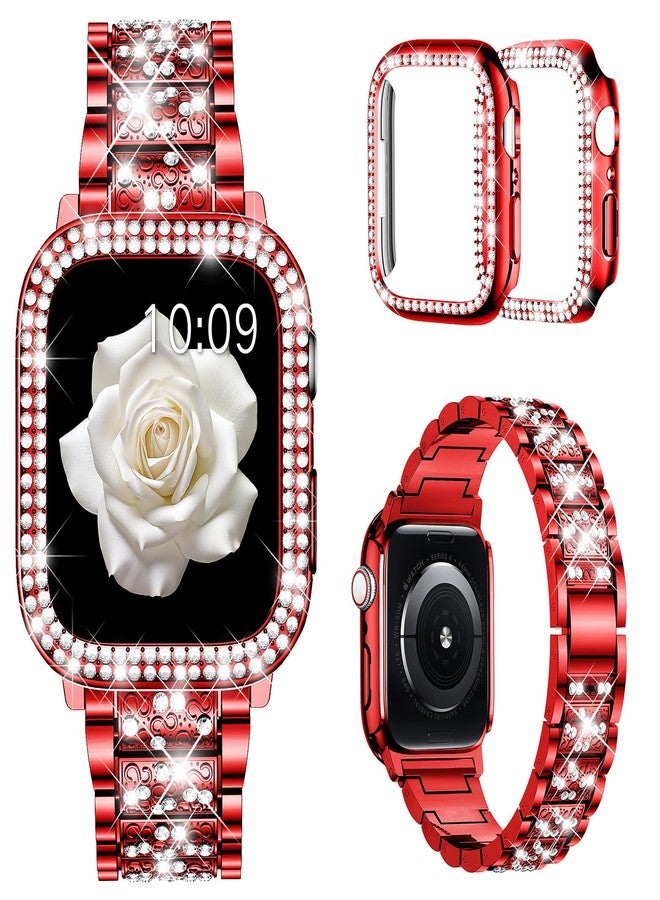 Mosonio Compatible with Apple Watch Band 46mm S11/S10 with Case Women, Jewelry Replacement Metal Wristband with 2 Pack Bling PC Protective Cover for iWatch Series 11/10(46mm,Red) - Image 1