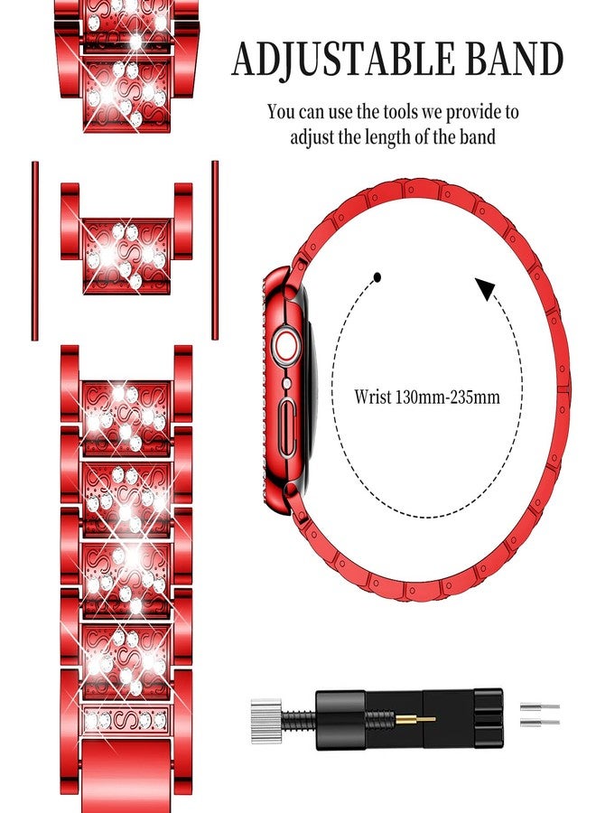 Mosonio Compatible with Apple Watch Band 46mm S11/S10 with Case Women, Jewelry Replacement Metal Wristband with 2 Pack Bling PC Protective Cover for iWatch Series 11/10(46mm,Red) - Image 5