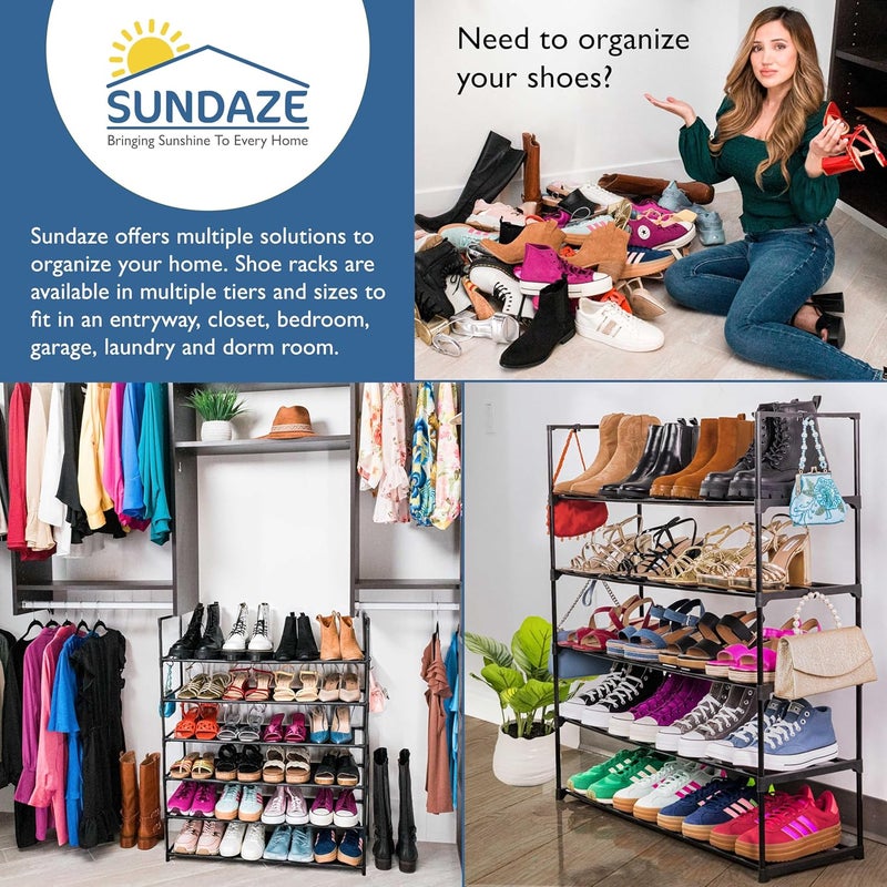 حامل أحذية Sundaze - حامل أحذية معدني من 5 طبقات لمدخل الباب الأمامي، منظم أحذية طويل وقوي للخزانة، غرفة النوم، المدخل، المرآب، حامل أحذية معدني أسود، يتسع حتى 25 زوجًا - Image 5