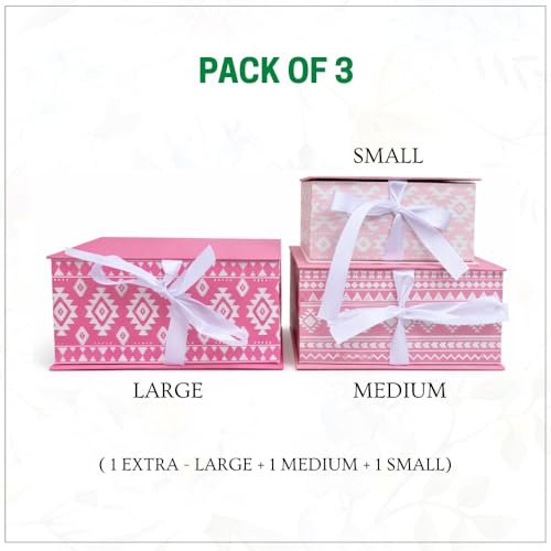 Oasis Pack of 3 Premium Rectangular Gift & Flower Hamper Boxes With Ribbon | Classic Bouquet Box for Flower Arrangements & Gift Hampers | Decorative Gift Packaging Box - Ikat Pink - Image 2