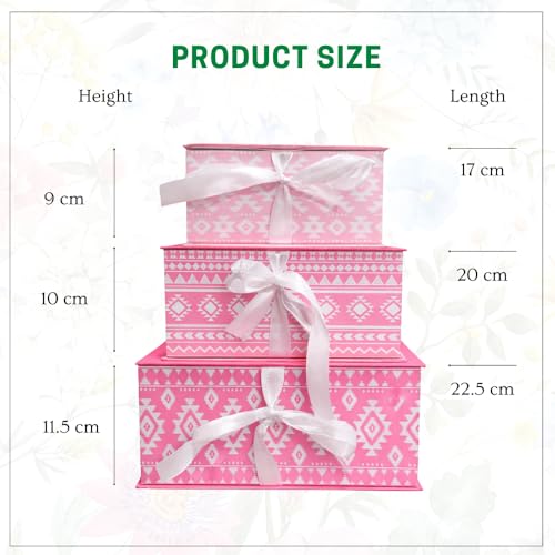 Oasis Pack of 3 Premium Rectangular Gift & Flower Hamper Boxes With Ribbon | Classic Bouquet Box for Flower Arrangements & Gift Hampers | Decorative Gift Packaging Box - Ikat Pink - Image 3