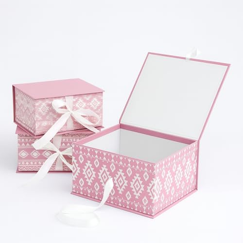 Oasis Pack of 3 Premium Rectangular Gift & Flower Hamper Boxes With Ribbon | Classic Bouquet Box for Flower Arrangements & Gift Hampers | Decorative Gift Packaging Box - Ikat Pink - Image 5
