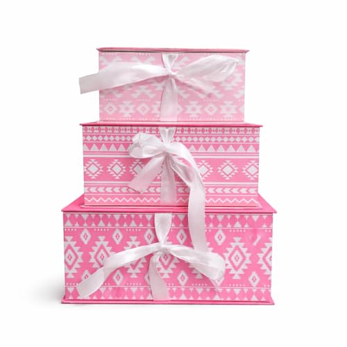 Oasis Pack of 3 Premium Rectangular Gift & Flower Hamper Boxes With Ribbon | Classic Bouquet Box for Flower Arrangements & Gift Hampers | Decorative Gift Packaging Box - Ikat Pink - Image 1