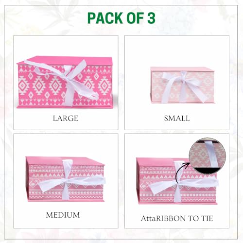 Oasis Pack of 3 Premium Rectangular Gift & Flower Hamper Boxes With Ribbon | Classic Bouquet Box for Flower Arrangements & Gift Hampers | Decorative Gift Packaging Box - Ikat Pink - Image 4