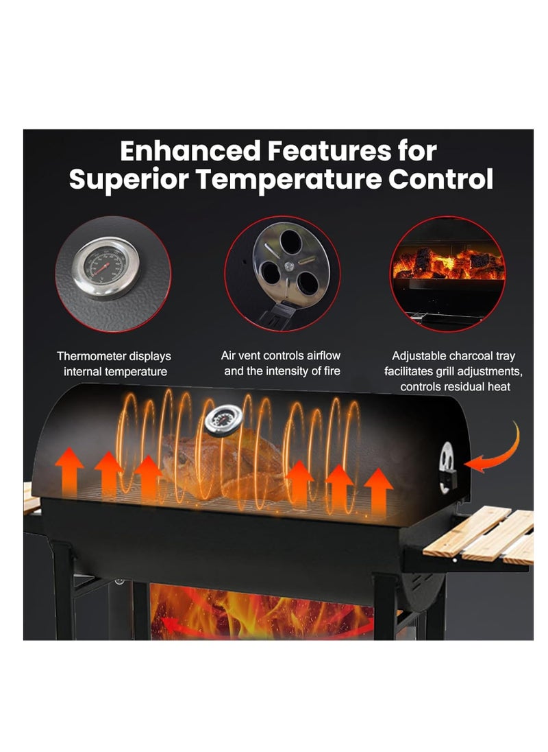 Rightsure Charcoal Grill,Outdoor Smoker with Cast Iron Grates, Premium Wood Shelf and Thermometer Control,for Outdoor Cooking Camping Hiking Picnics Backpacking or Any Outdoor Event (Black-L)  - Image 2