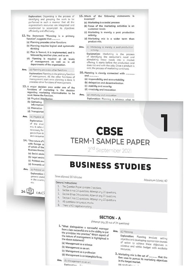 Educart CBSE Term 1 BUSINESS STUDIES Sample Papers Class 12 MCQ Book For Dec 2021 Exam (Based on 2nd Sep CBSE Sample Paper 2021)