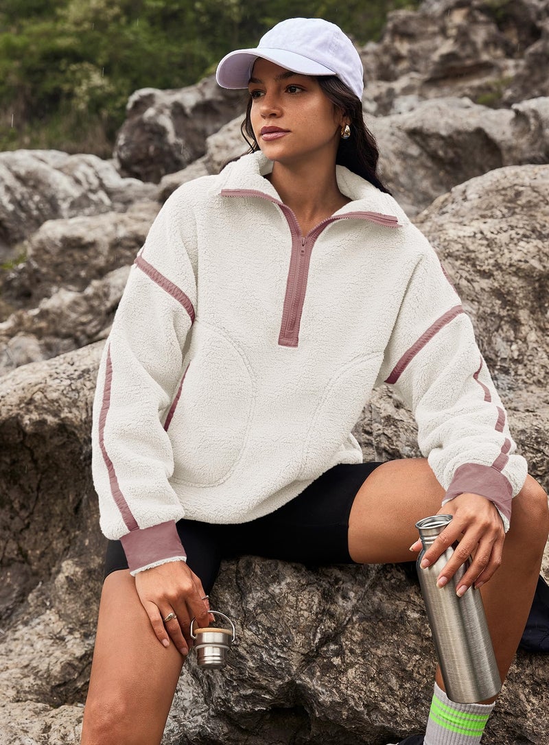 Yanekop Womens Quarter Zip Pullover Sherpa Fleece Jacket Oversized Zip Up Sweatshirt Half Zip Pullover Fuzzy Outerwear(Apricot Beige,XS) - Image 5